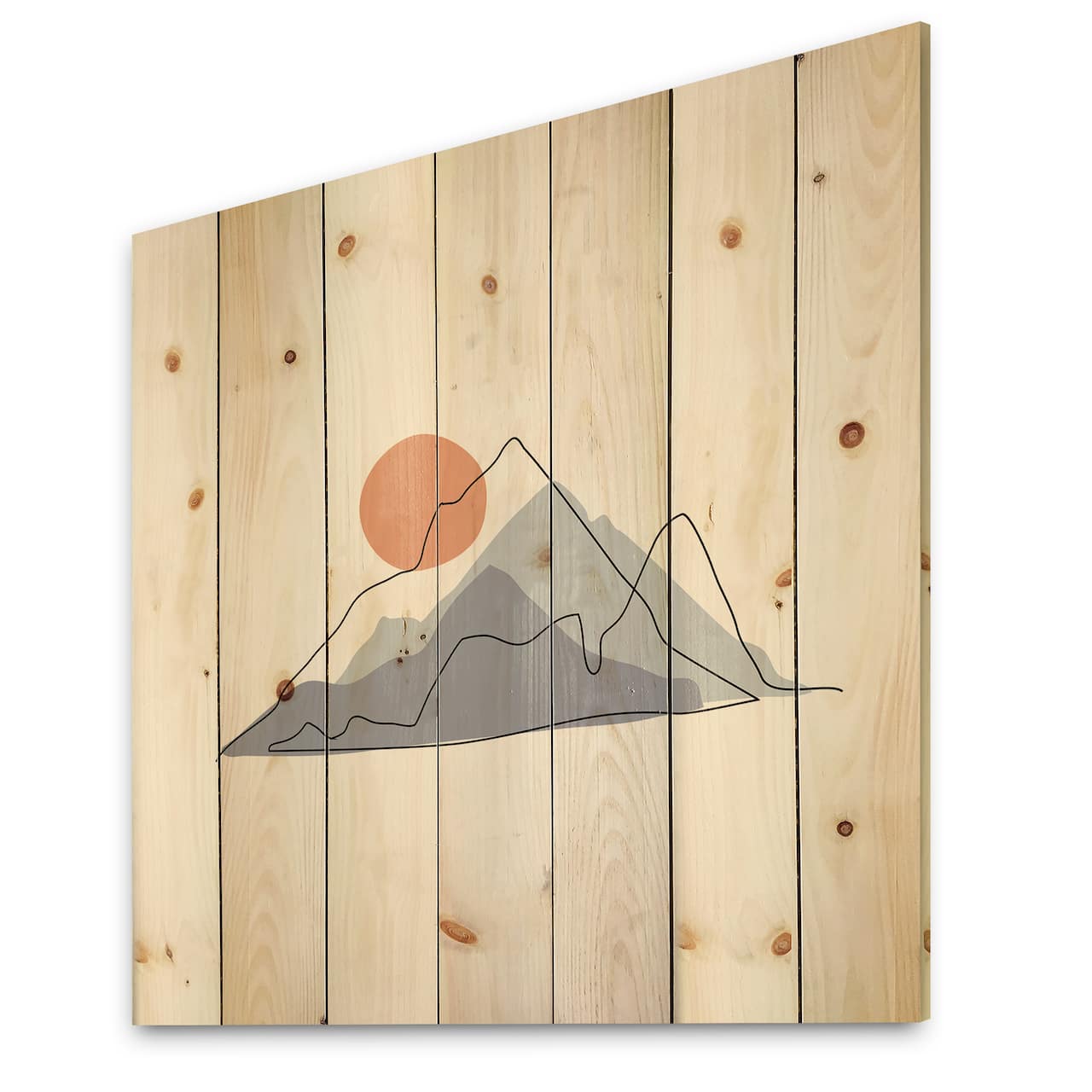 Designart - Abstract Mountainscape With Red Moon - Modern Print on Natural Pine Wood